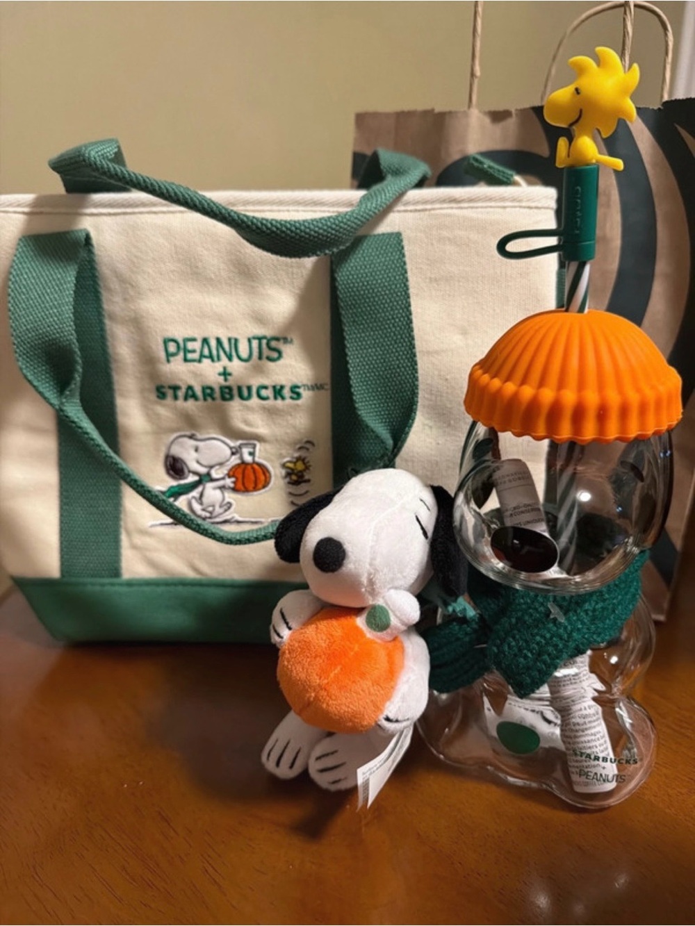 Starbucks Glass Snowman Vase with Orange Hat and Green Scarf